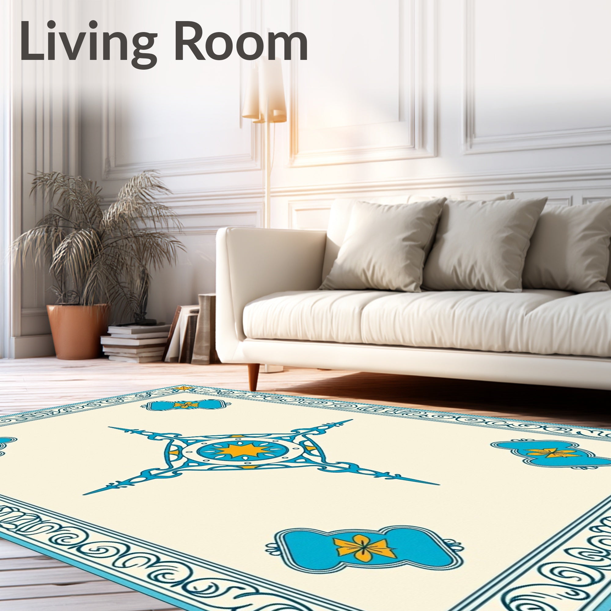 Bright Blue Geometric Floral Medallion Rug