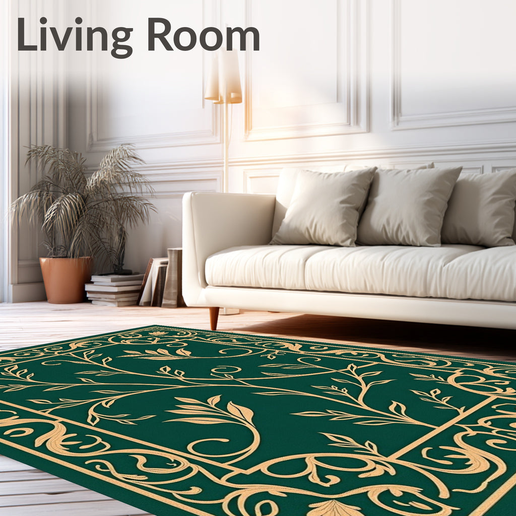 Emerald Green Golden Vine Scroll Rug