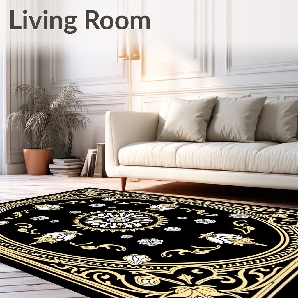 Elaborate Black Yellow Floral Medallion Rug