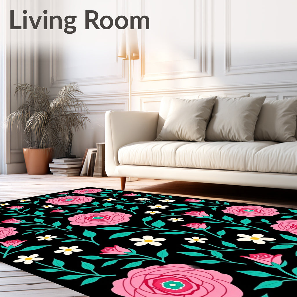 Pink Floral Vines On Black Background Rug