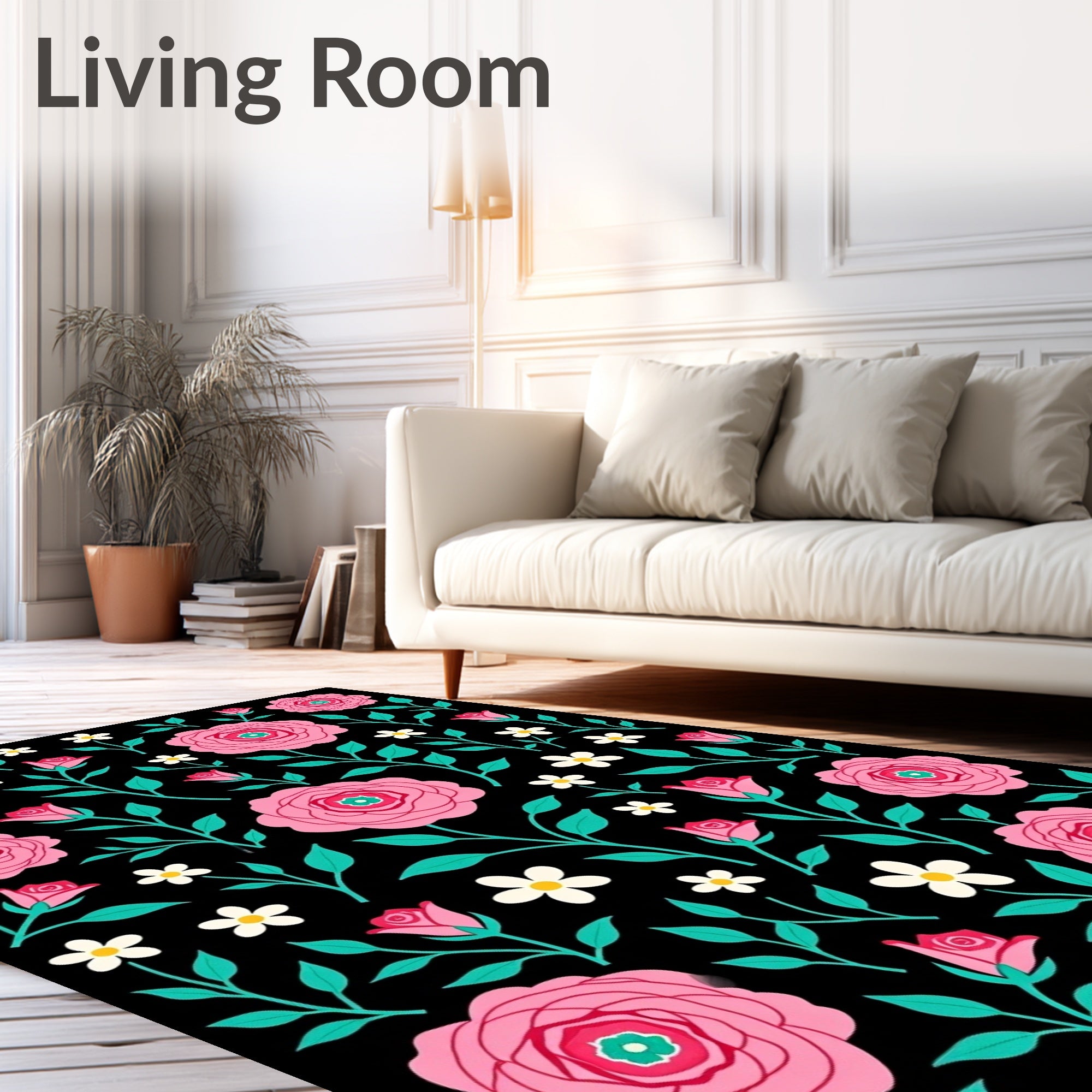 Pink Floral Vines On Black Background Rug