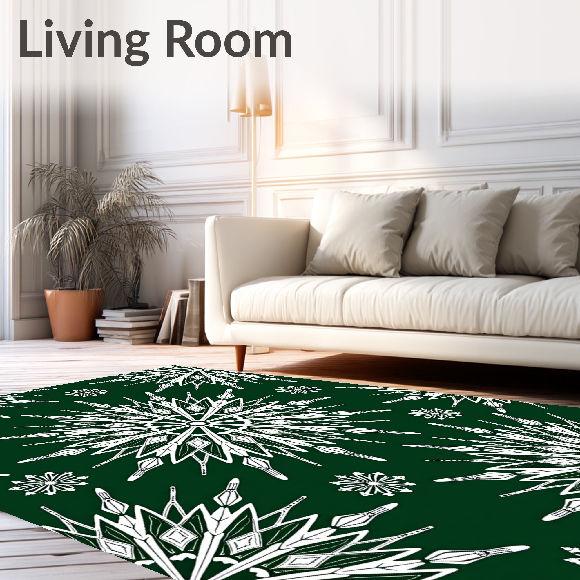 White Snowflake Patterned Dark Green Tile Rug