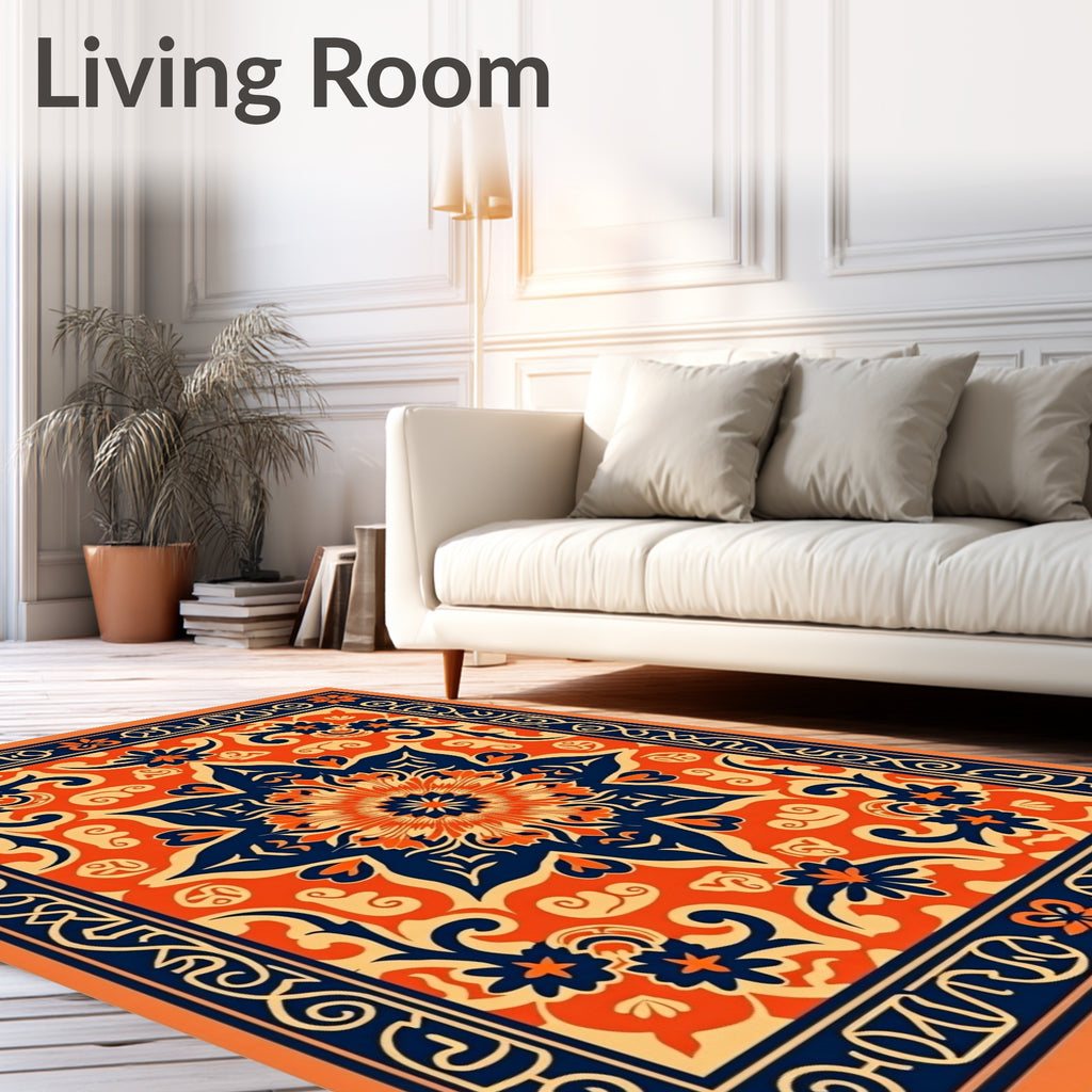 Bold Orange Navy Floral Medallion Pattern Rug