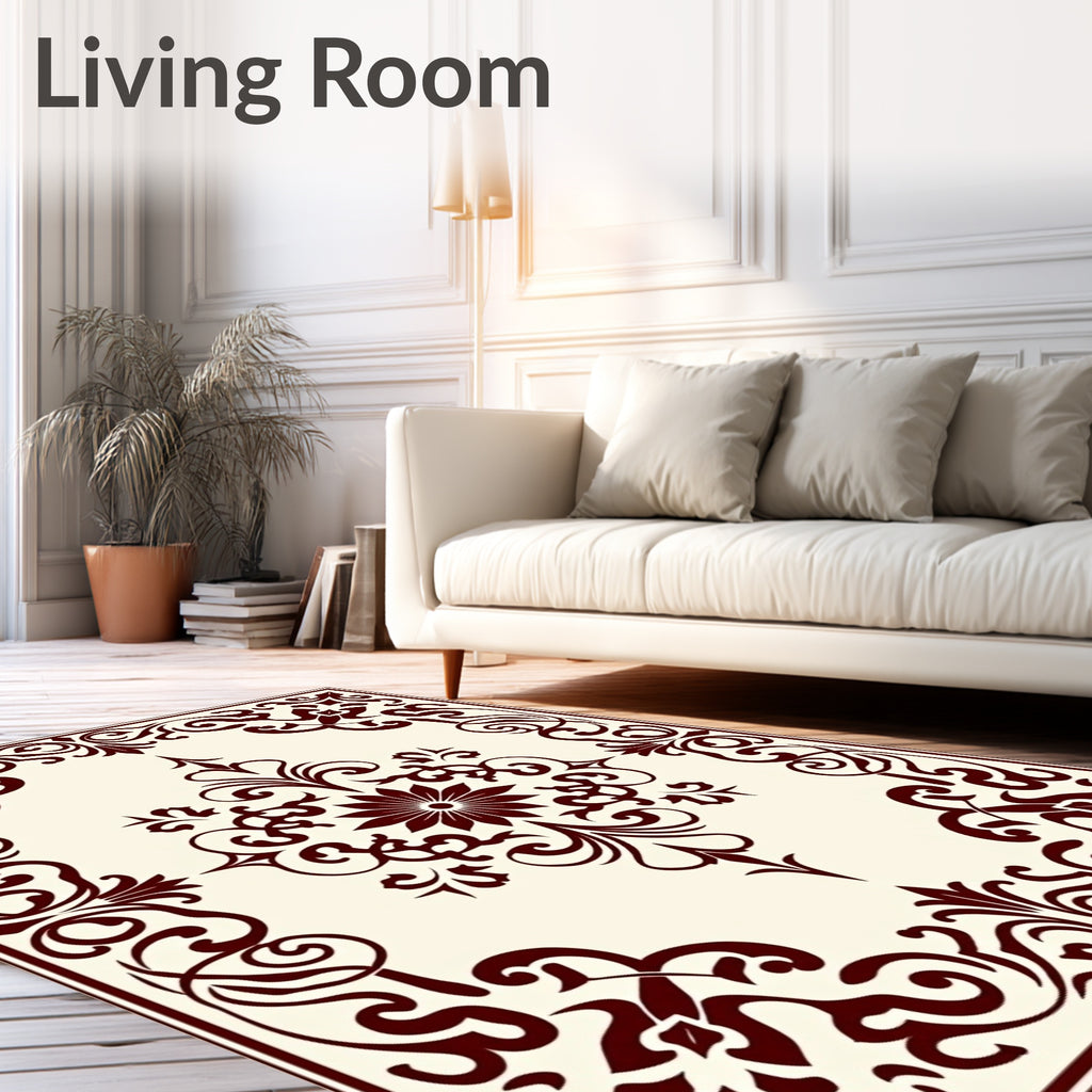 Ornate Maroon Swirls Floral Medallion Rug
