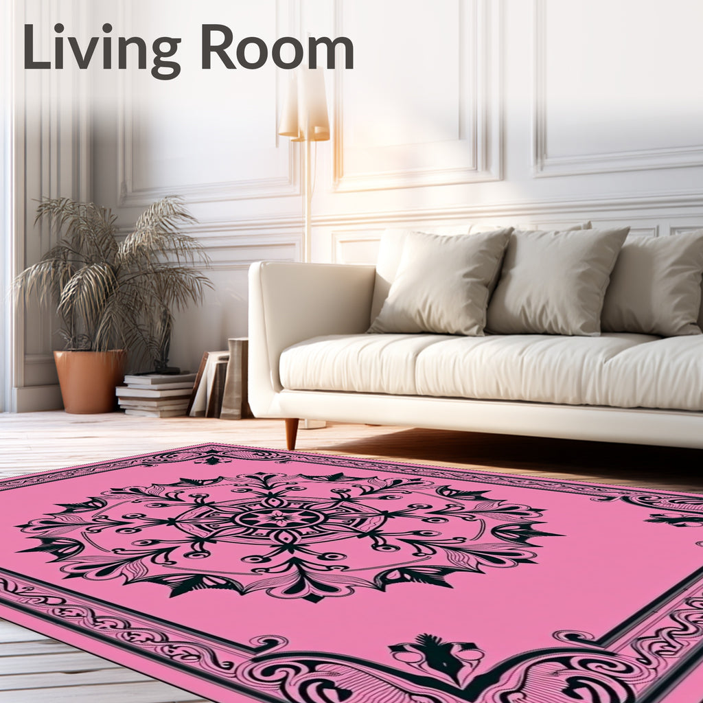 Ornate Pink Black Floral Mandala Design Rug