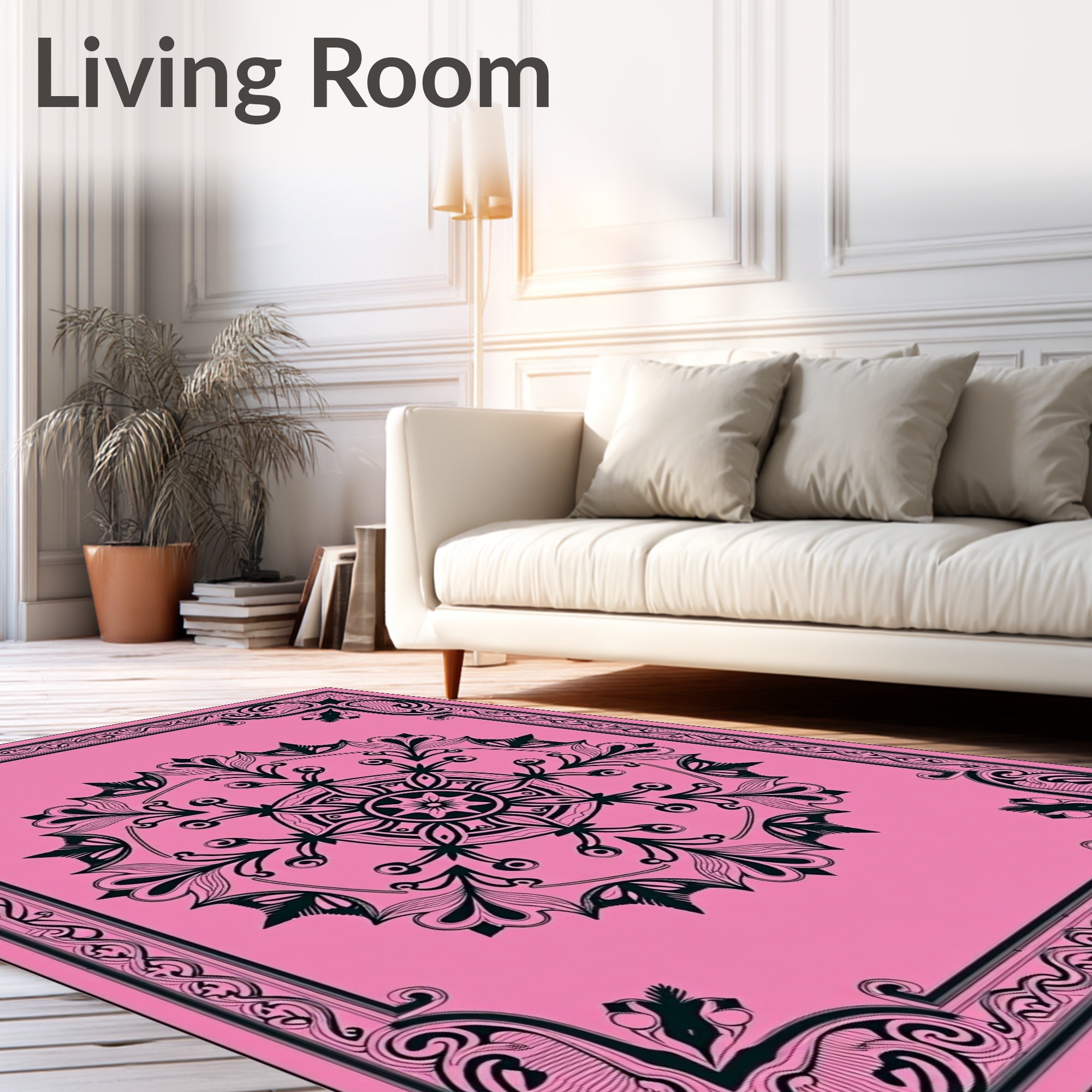 Ornate Pink Black Floral Mandala Design Rug