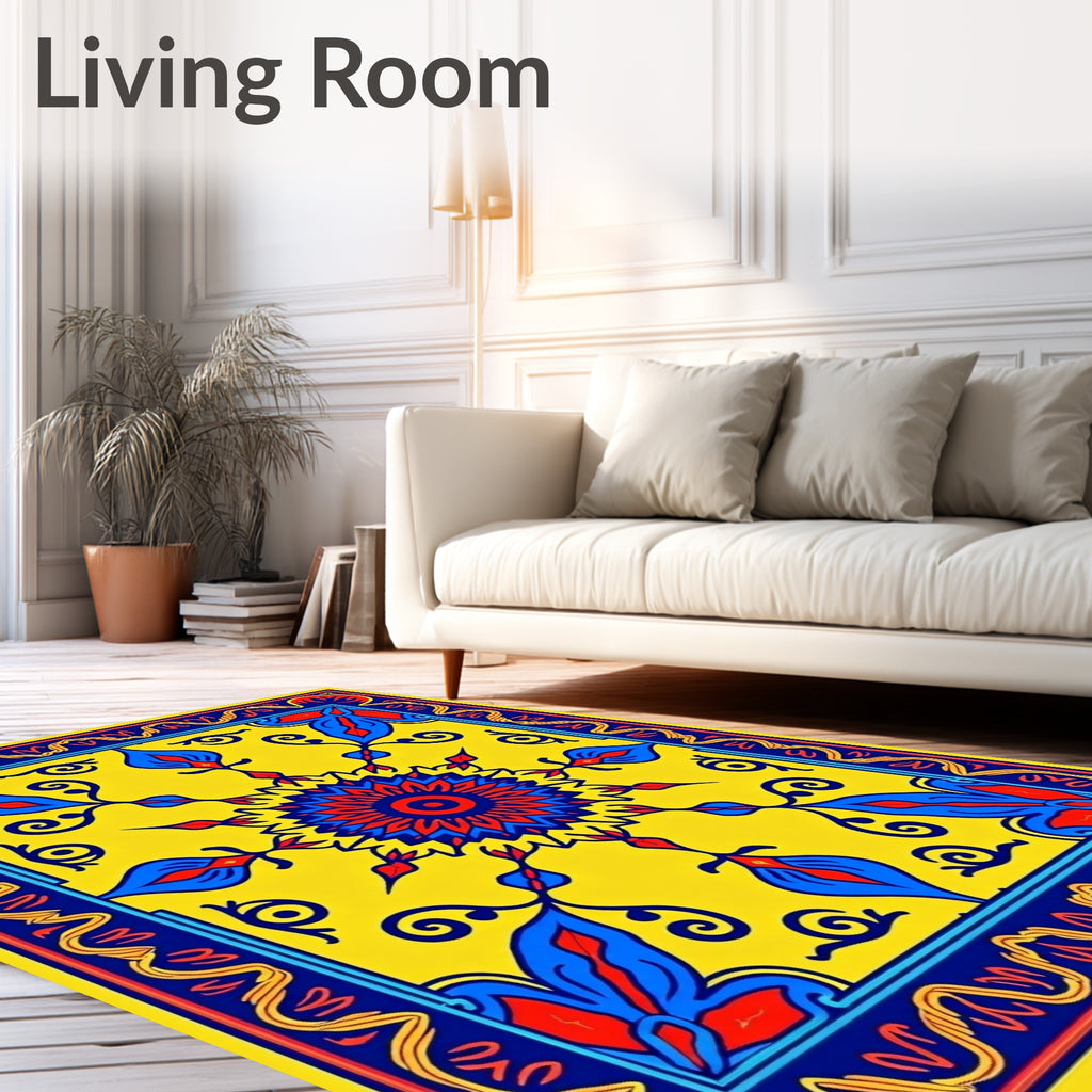 Vibrant Yellow Blue Floral Medallion Rug