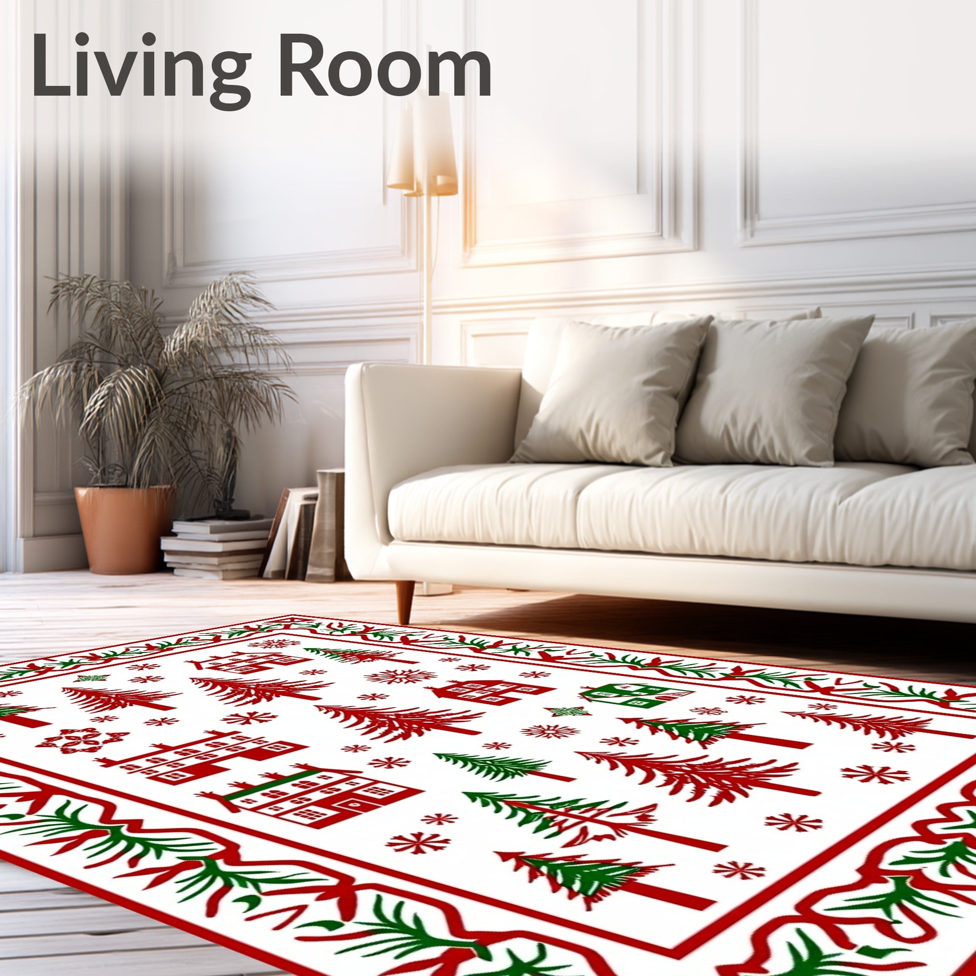 Winter Village Red Green Trees Snowflakes Rug