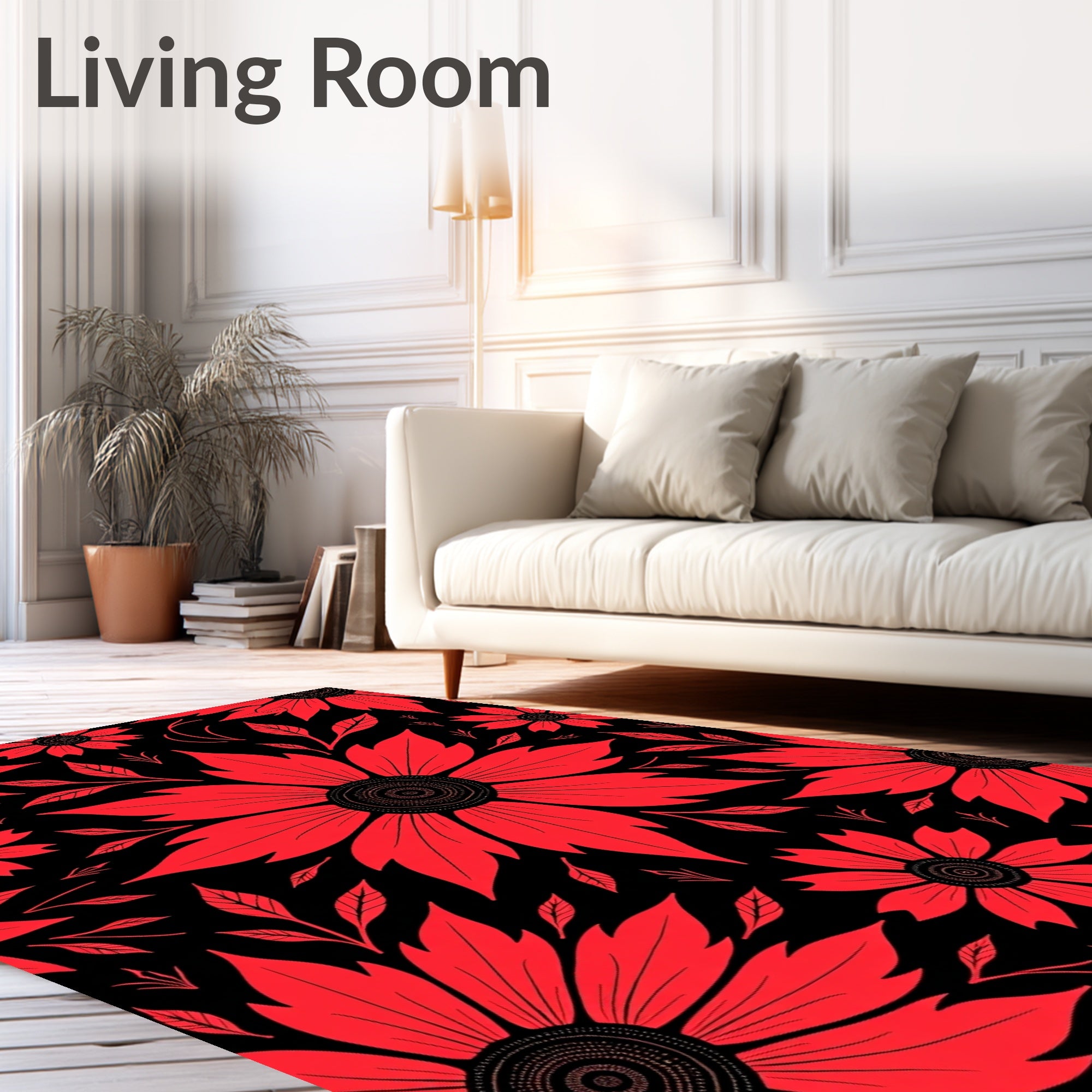 Bold Red Floral Botanical Pattern Rug