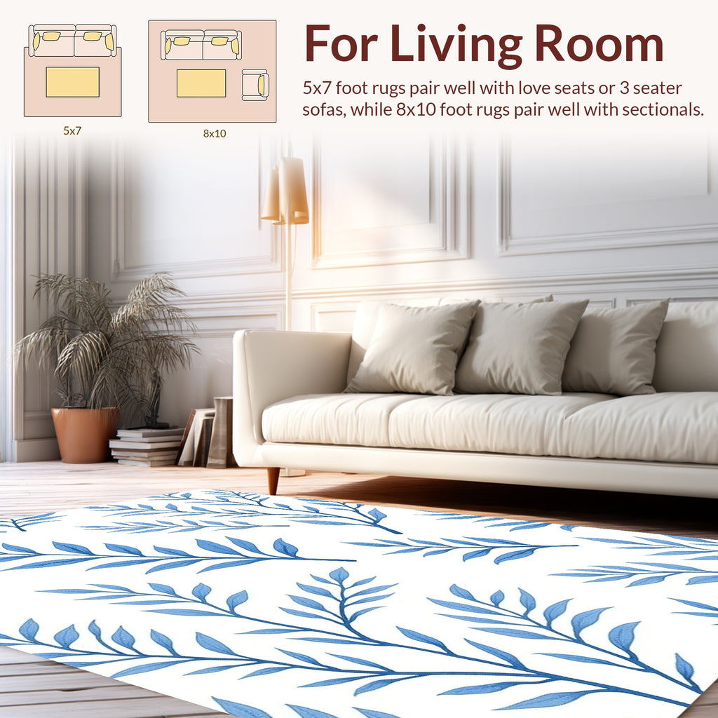 Blue Botanical Leaf Pattern Rug