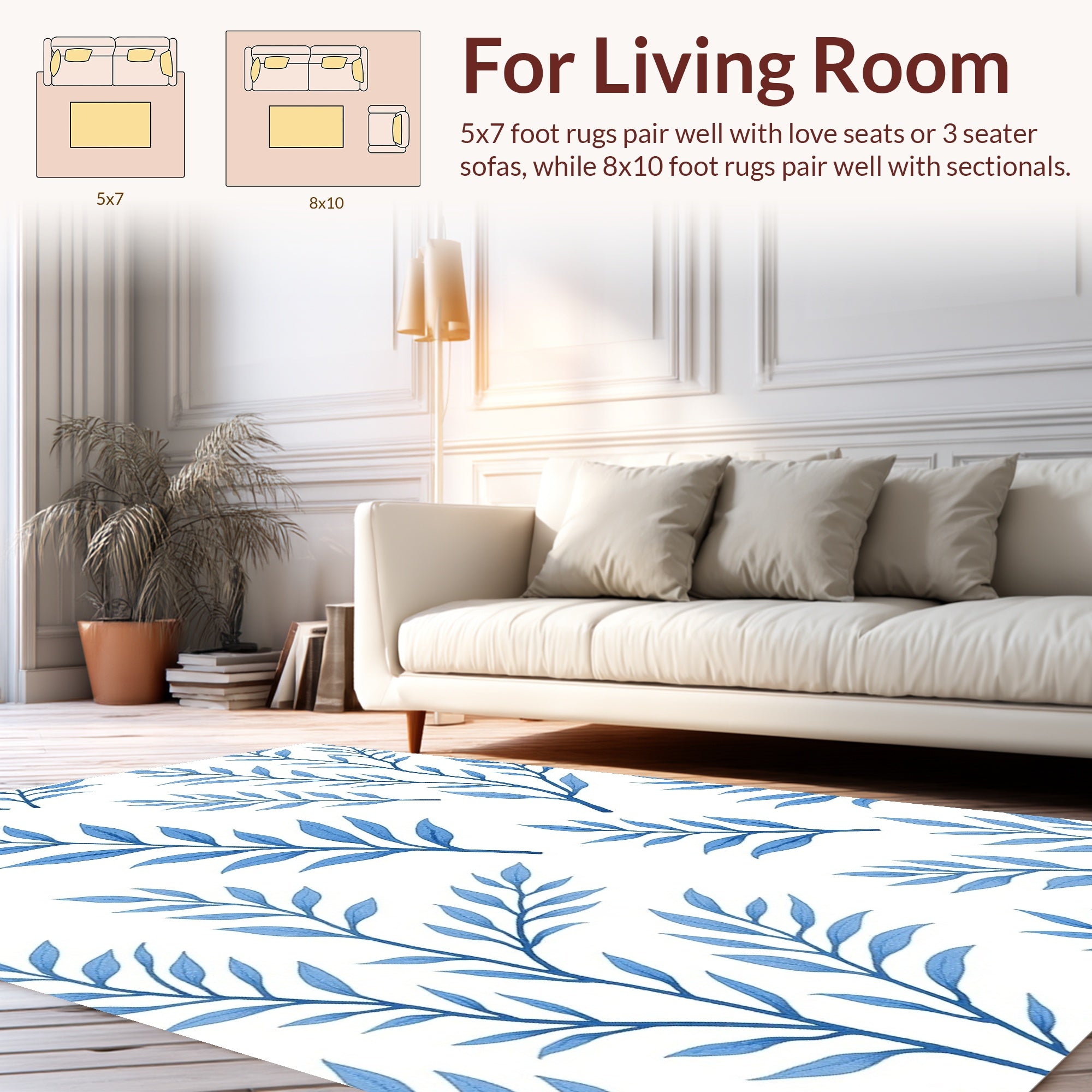 Blue Botanical Leaf Pattern Rug