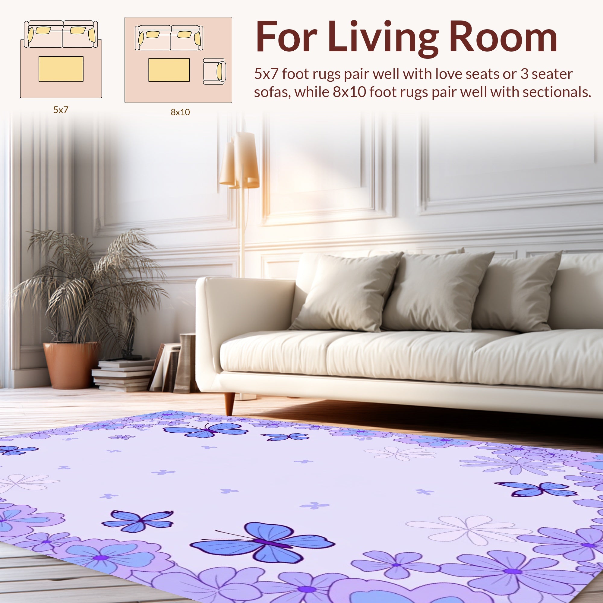 Whimsical Purple Butterfly Floral Design Rug