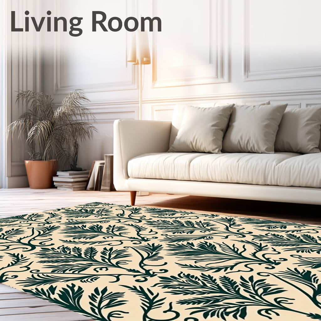 Dark Green Botanical Damask Pattern Rug