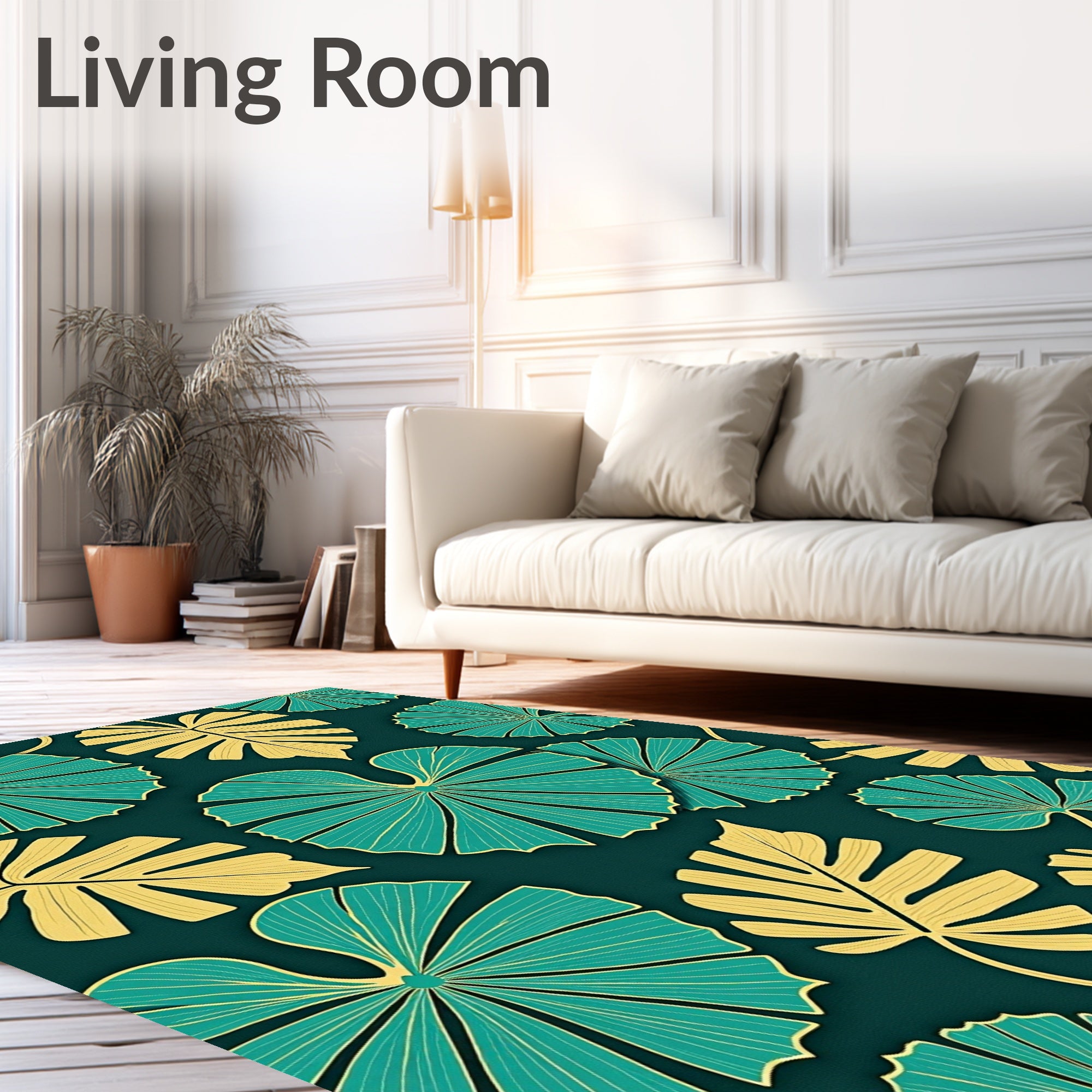 Teal Golden Tropical Leaf Arrangement Rug