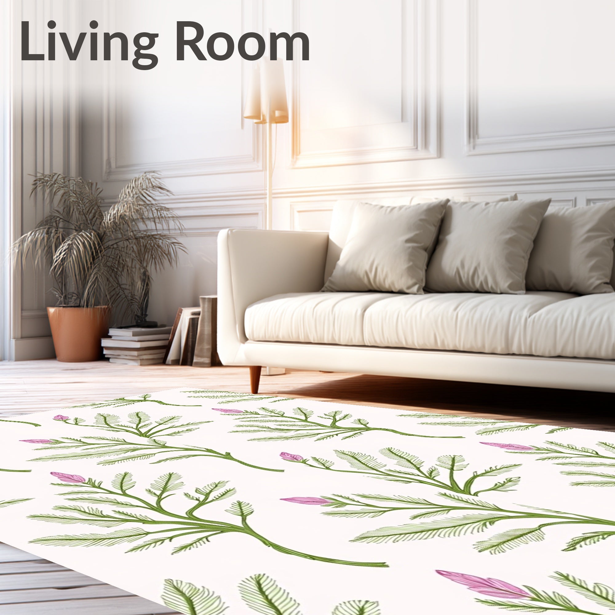Green Botanical Pink Bud All-Over Design Rug
