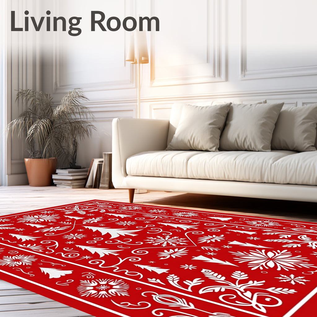 Red White Festive Winter Snowflakes Rug