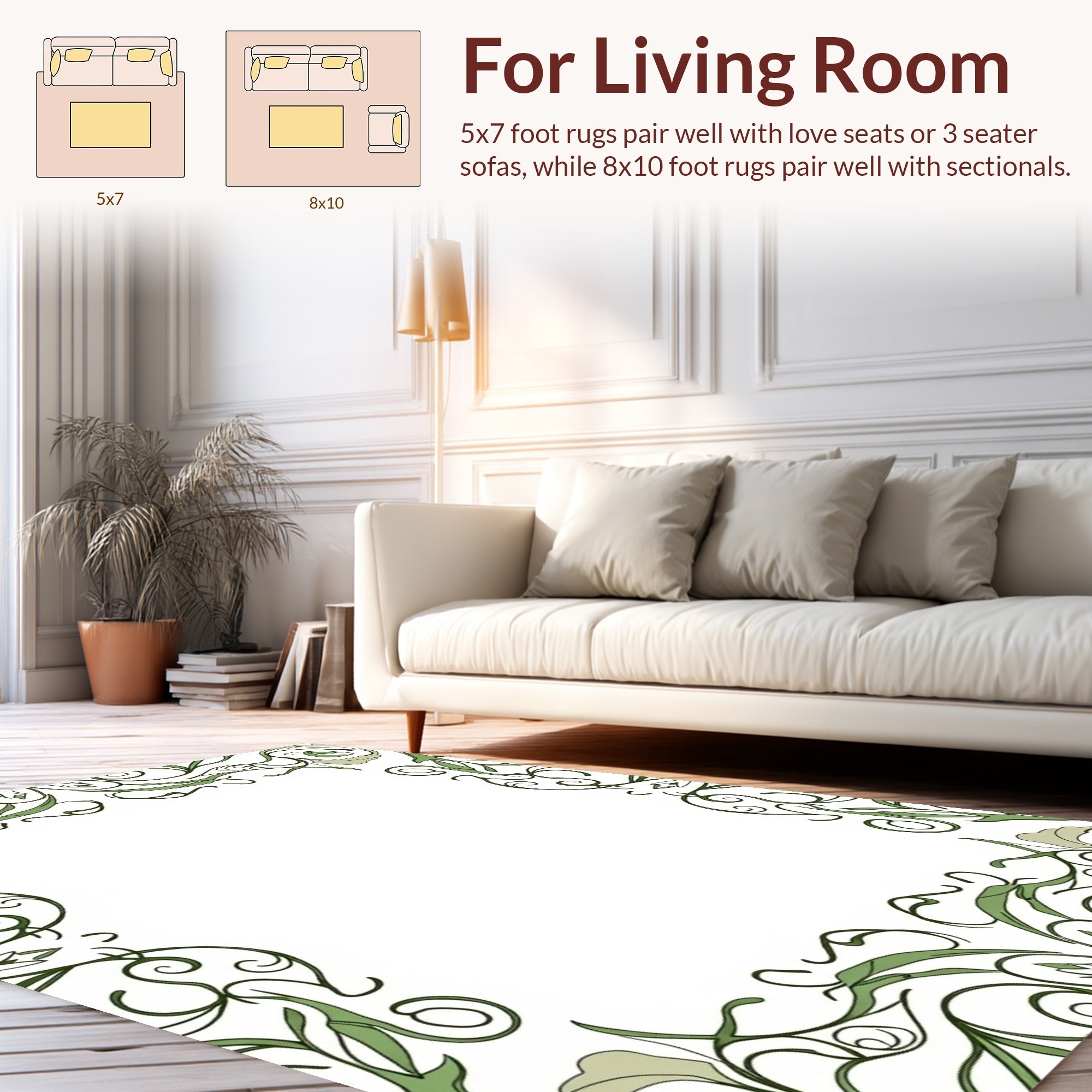Elegant Green Floral Swirls Pattern Rug