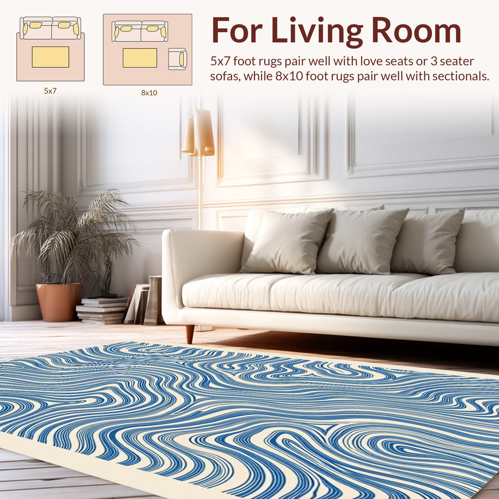 Blue White Abstract Wavy Lines Design Rug