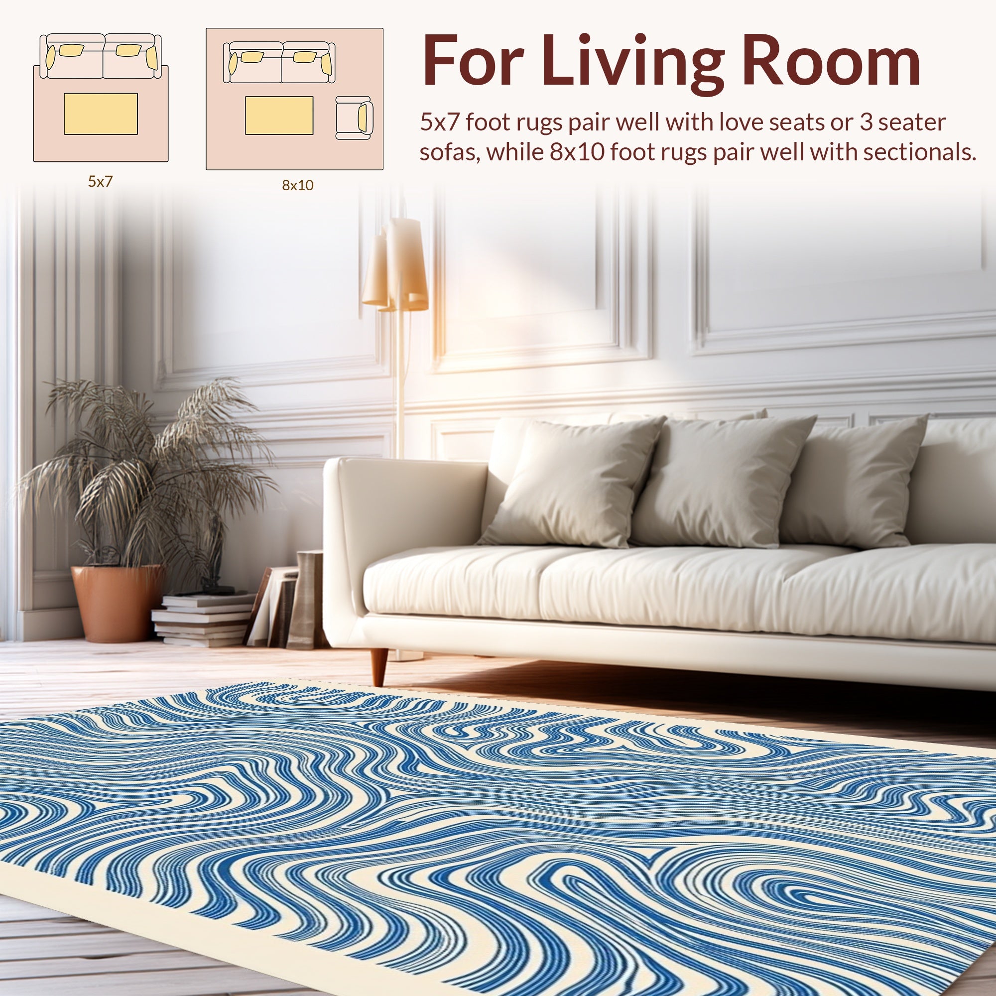 Blue White Abstract Wavy Lines Design Rug