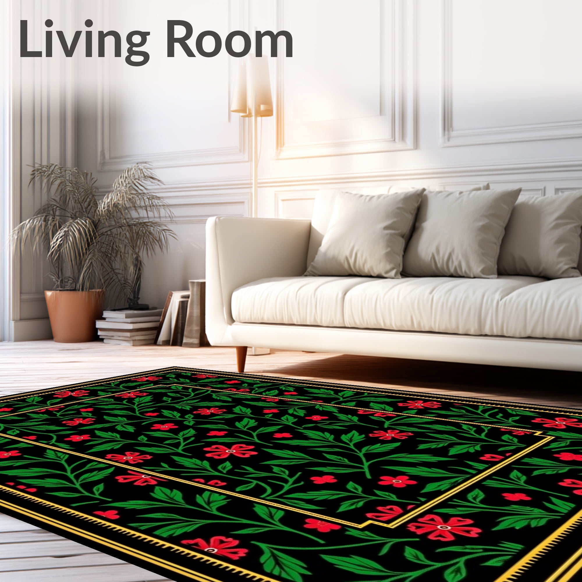 Black Floral Vine Pattern Rug
