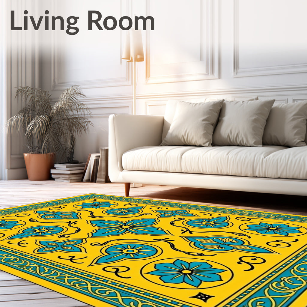 Ornate Yellow Teal Floral Pattern Rug