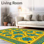 Ornate Yellow Teal Floral Pattern Rug