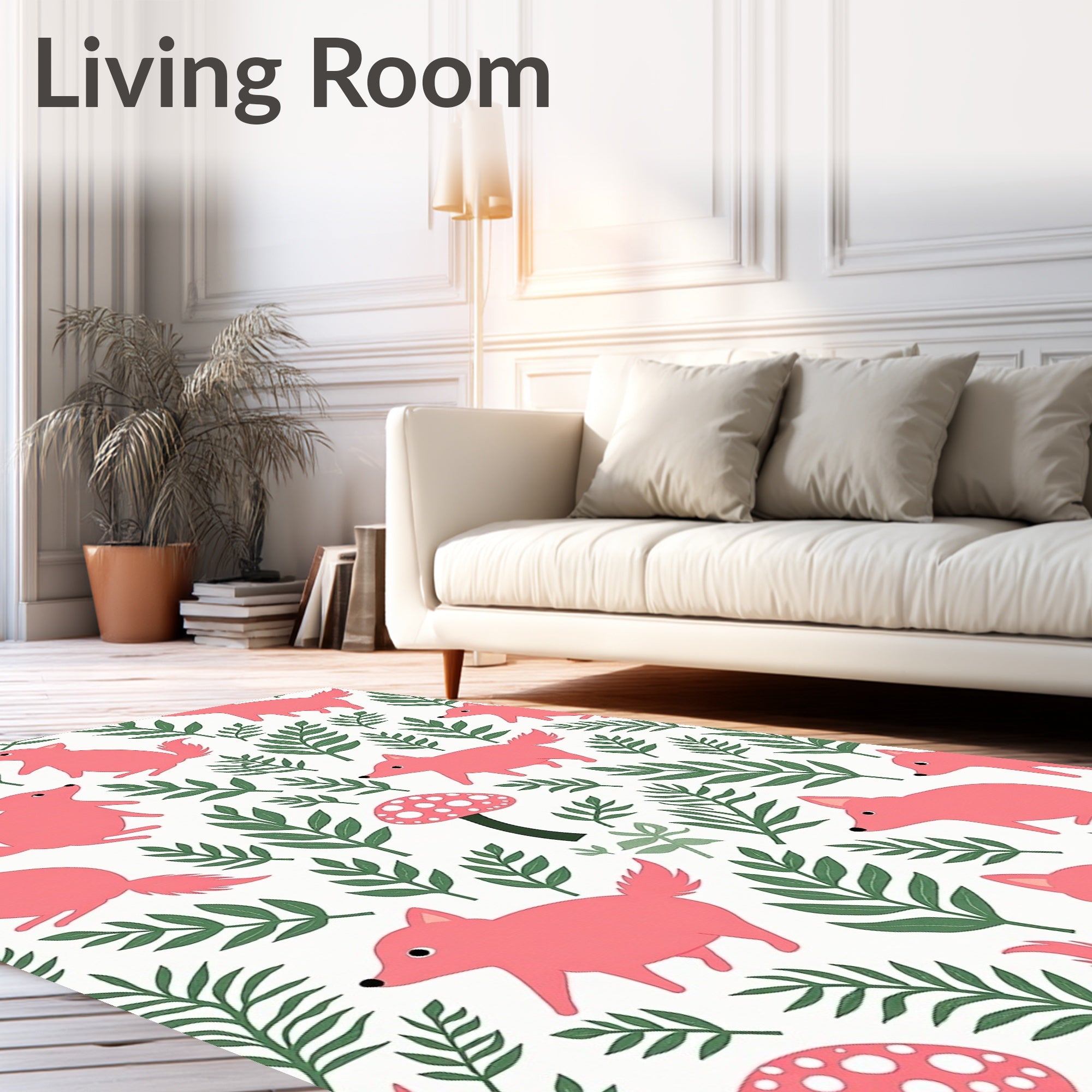 Pink Fox And Mushroom Pattern Rug