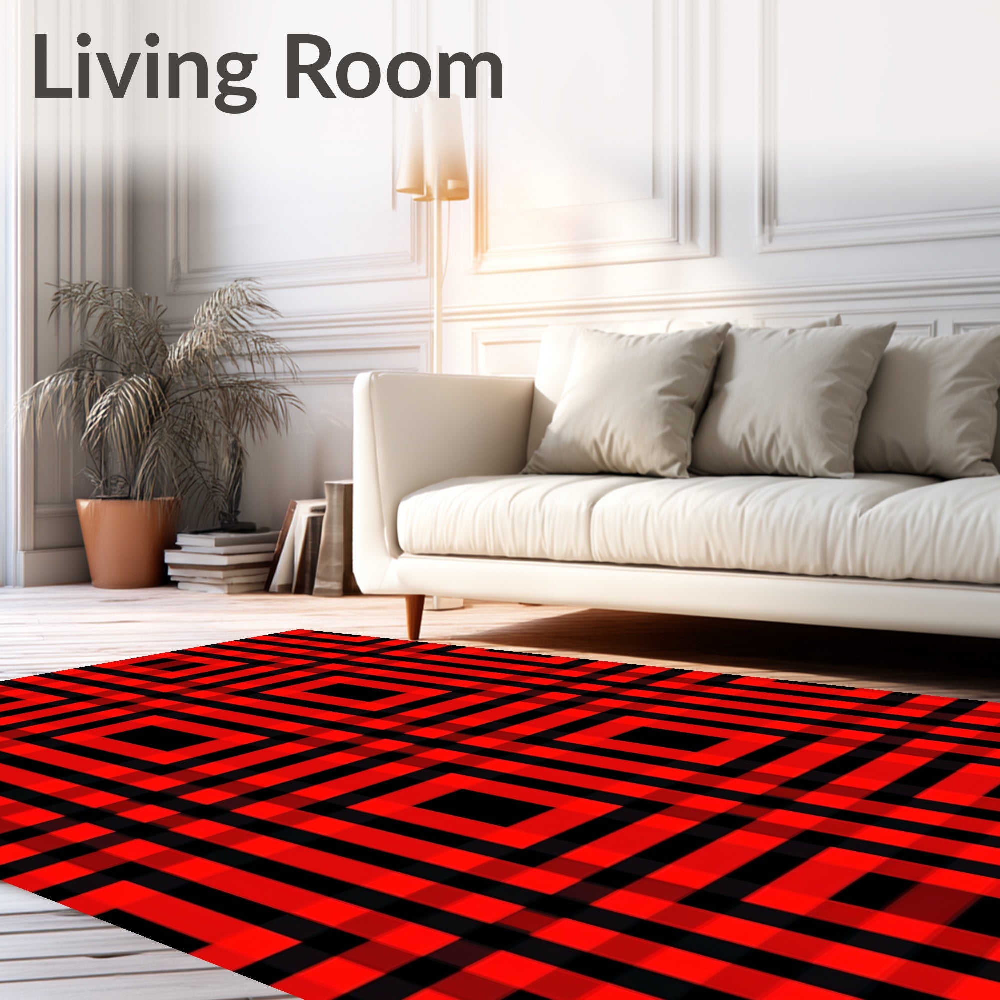 Bold Red Black Plaid Geometric Design Rug