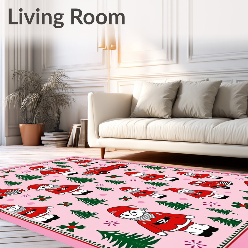 Whimsical Red Gnomes Christmas Trees Trucks Rug
