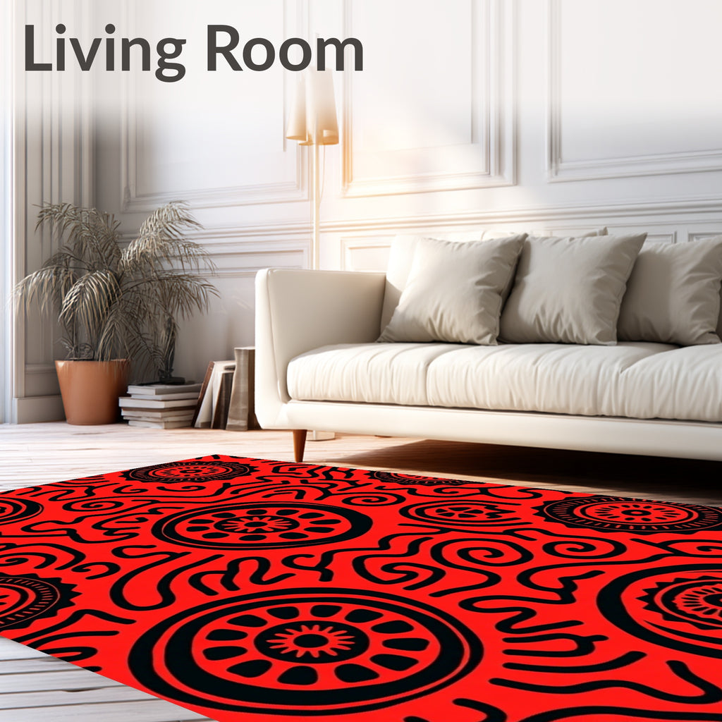 Bold Red Black Tribal Pattern Rug