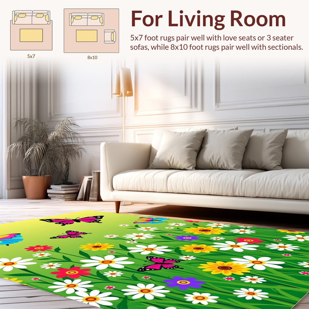 Vibrant Floral Butterfly Meadow Design Rug