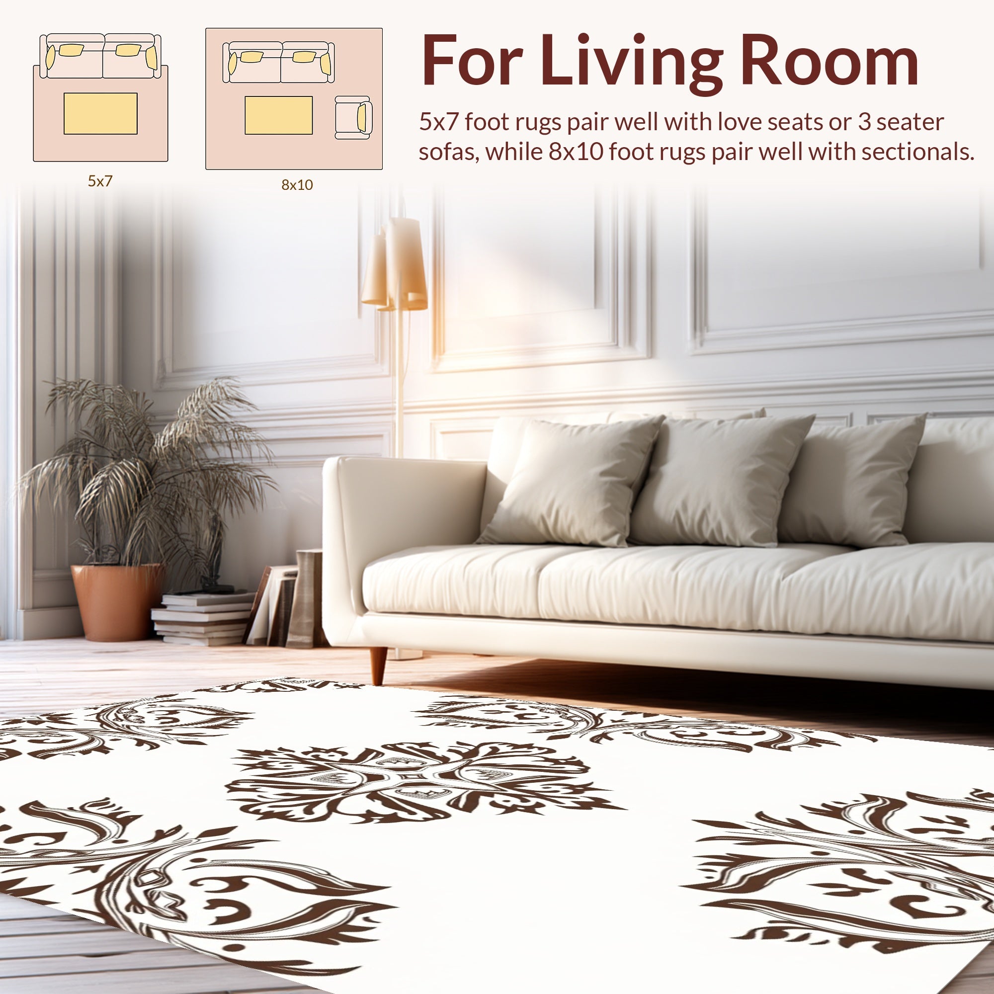 Intricate Brown Floral Damask Pattern Rug