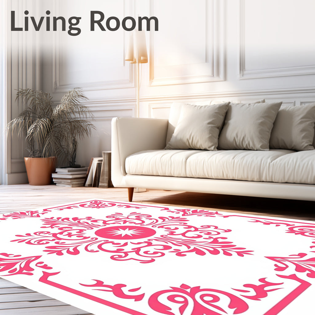 Ornate Scrollwork Pink Floral Design Rug