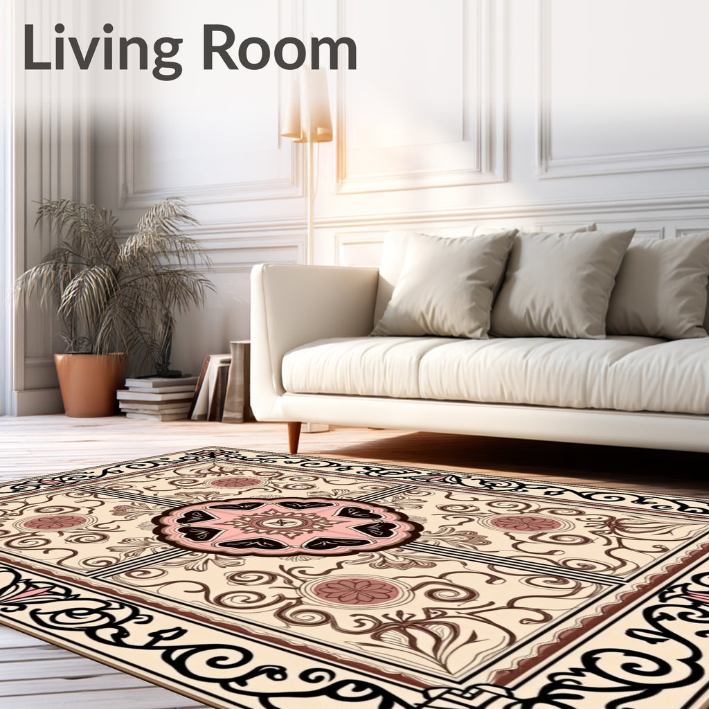 Classic Cream Rose Floral Filigree Rug