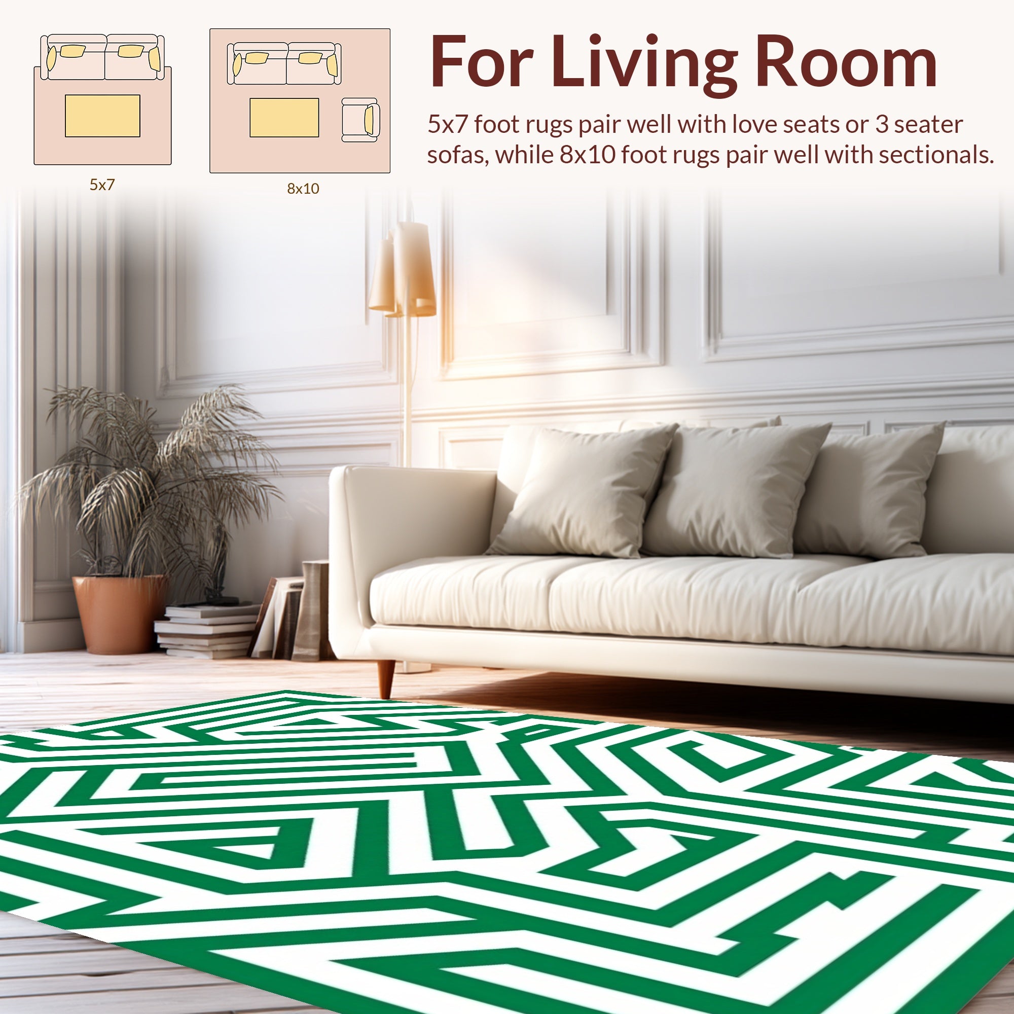 Green White Geometric Maze Pattern Rug