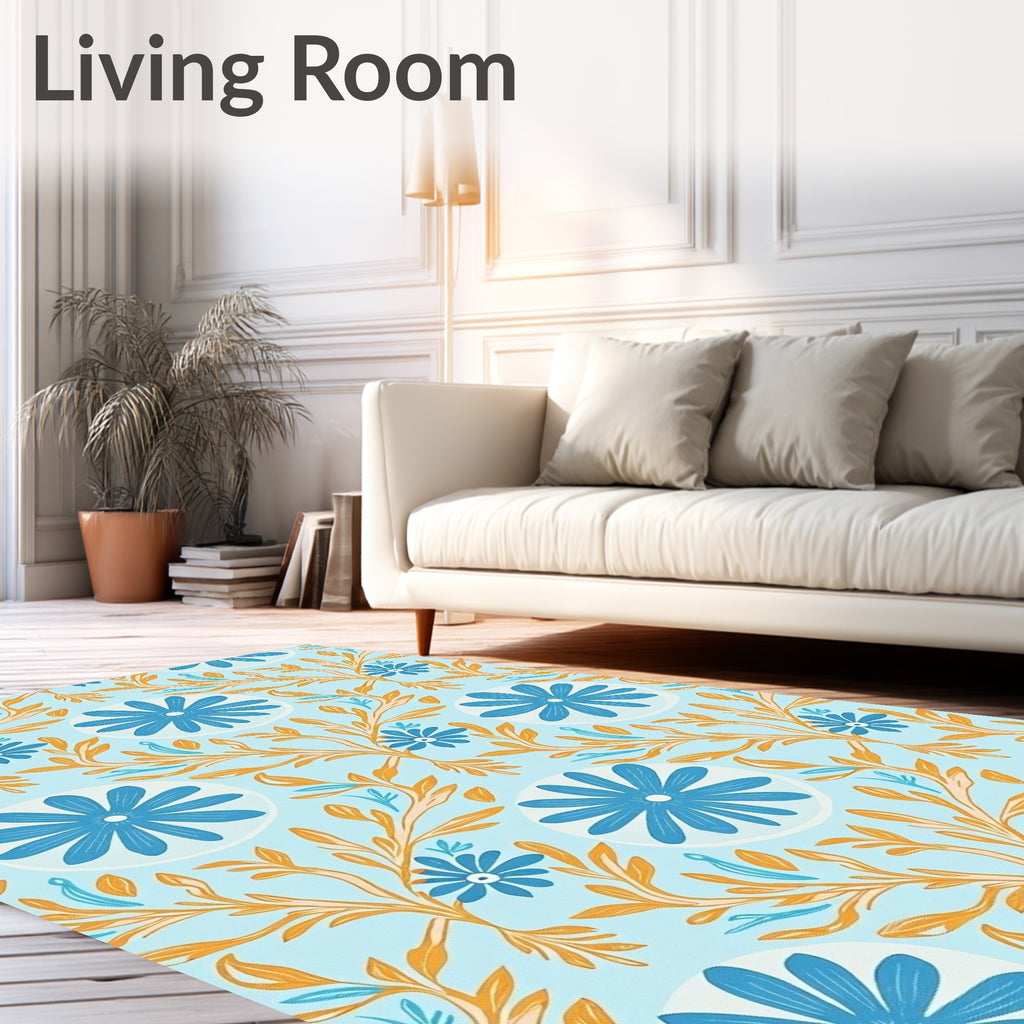 Blue Orange Floral Scroll Pattern Rug