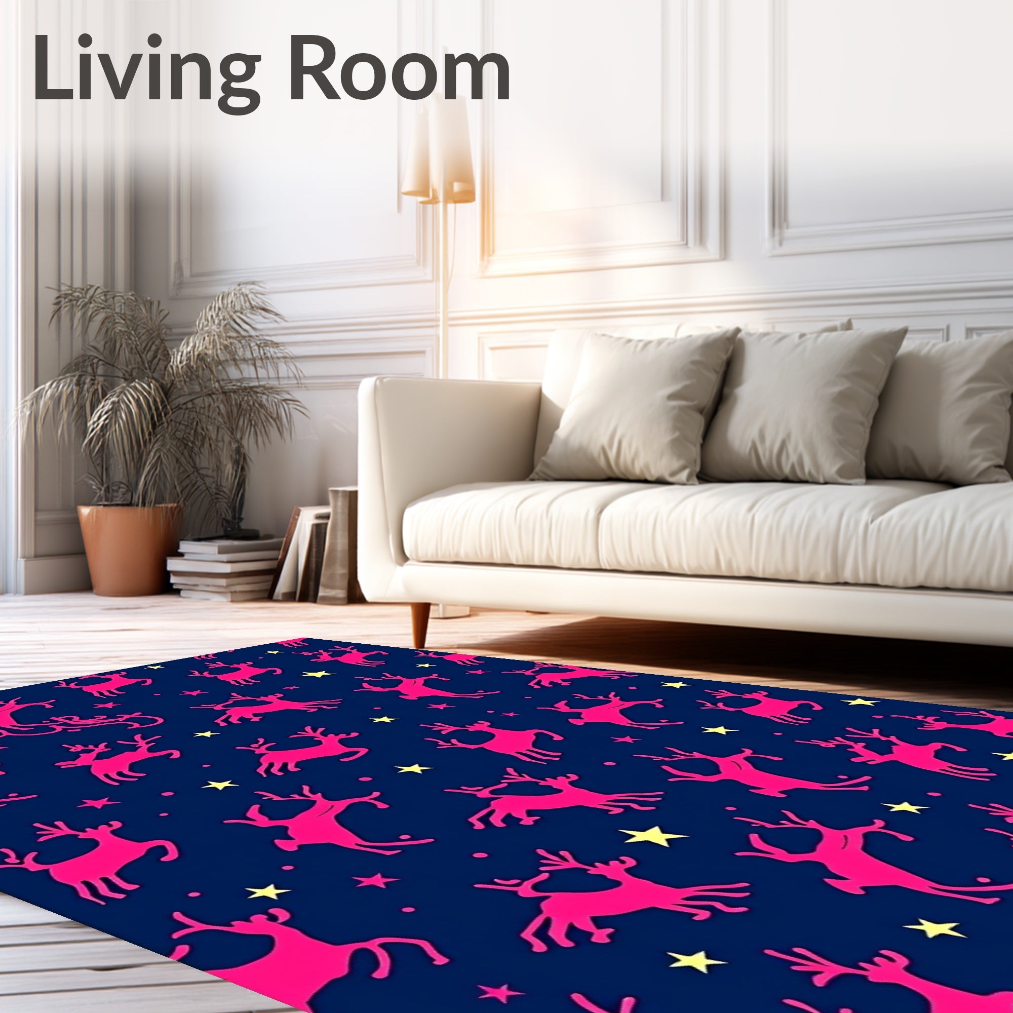 Pink Reindeer Yellow Stars Navy Background Rug
