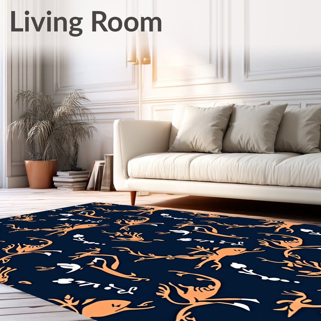 Whimsical Orange Deer Floral Swirl Rug