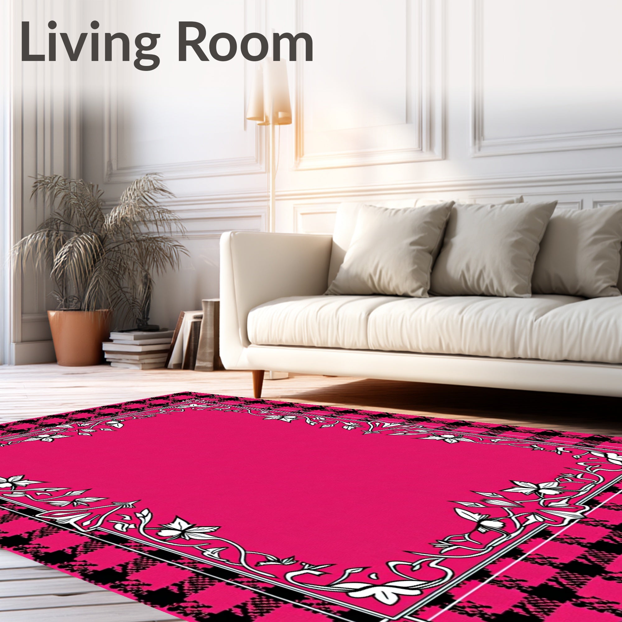 Pink Black Checkered Floral Frame Rug