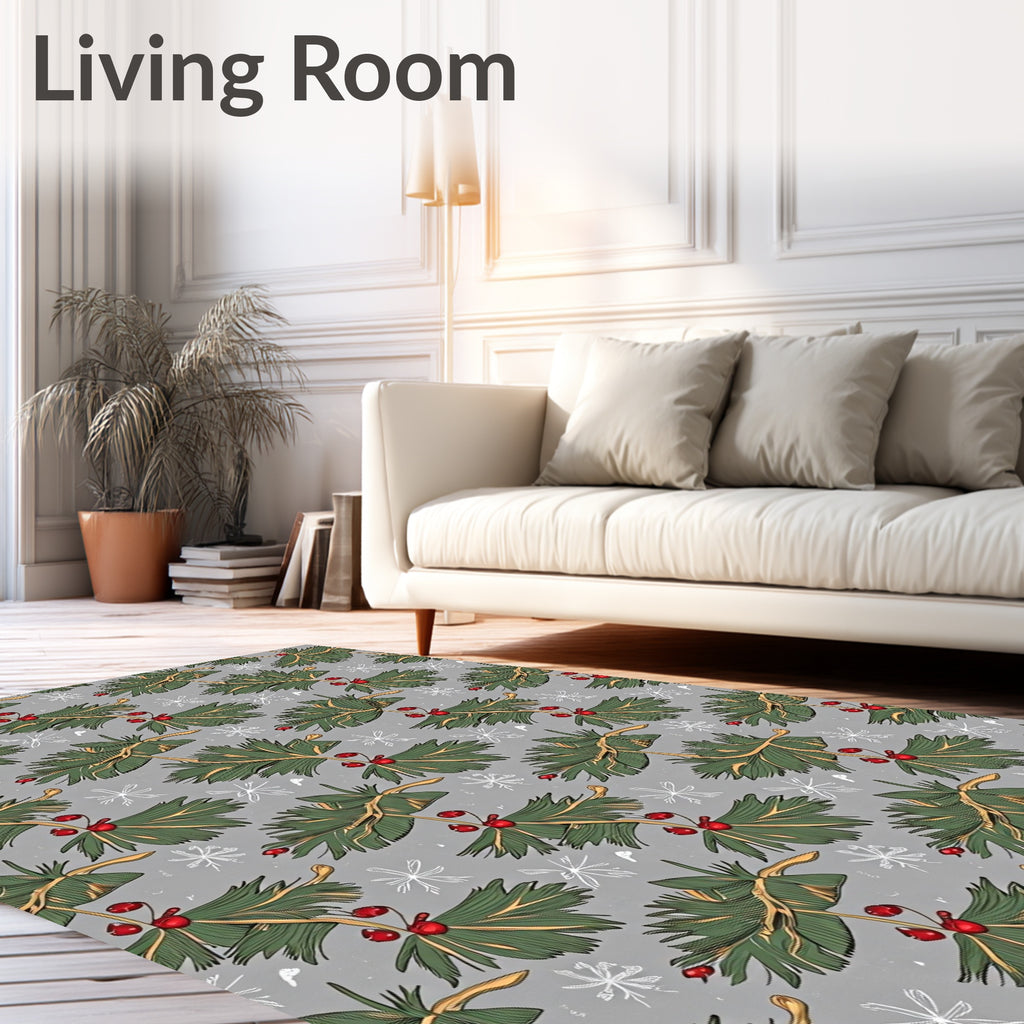 Winter Pine Sprig Snowflakes Pattern Rug