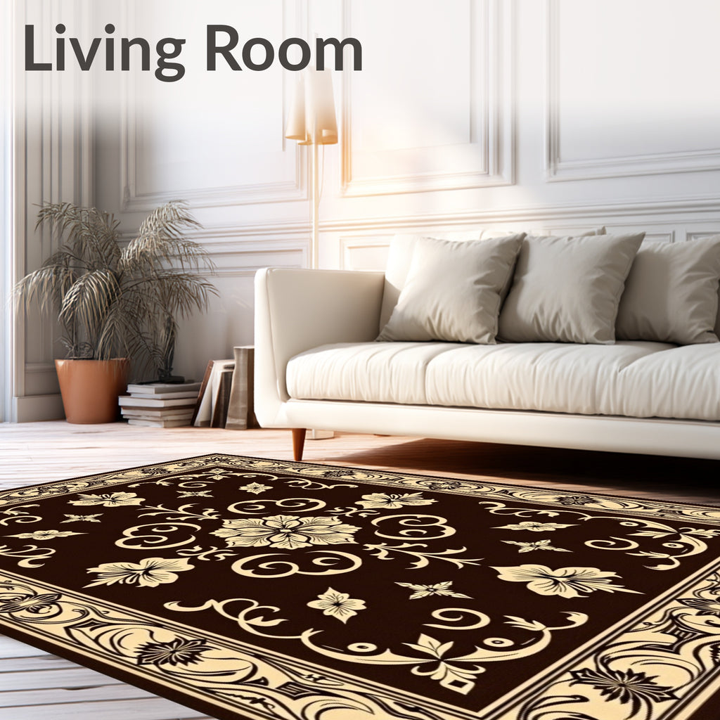 Dark Brown Cream Floral Scroll Medallion Rug