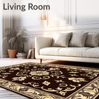 Dark Brown Cream Floral Scroll Medallion Rug