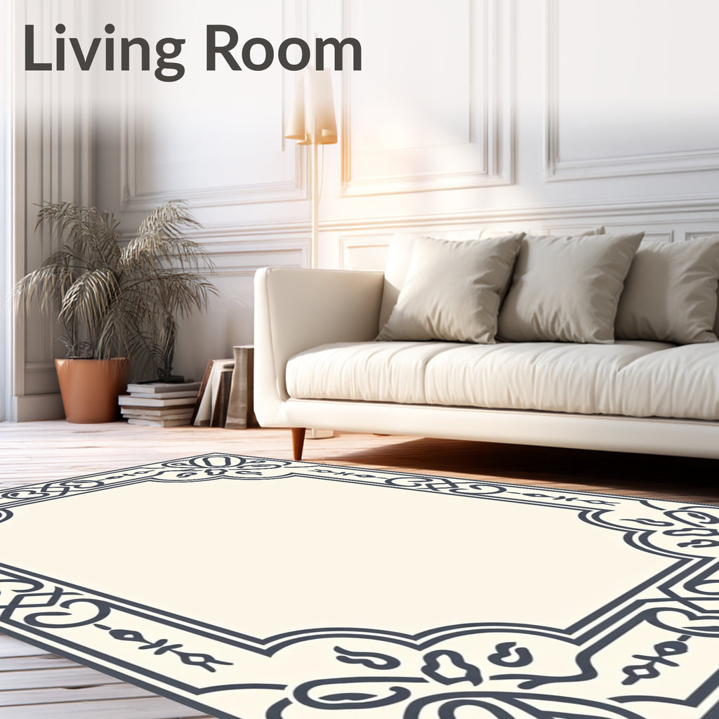 Ornamental Dark Gray Floral Frame Design Rug