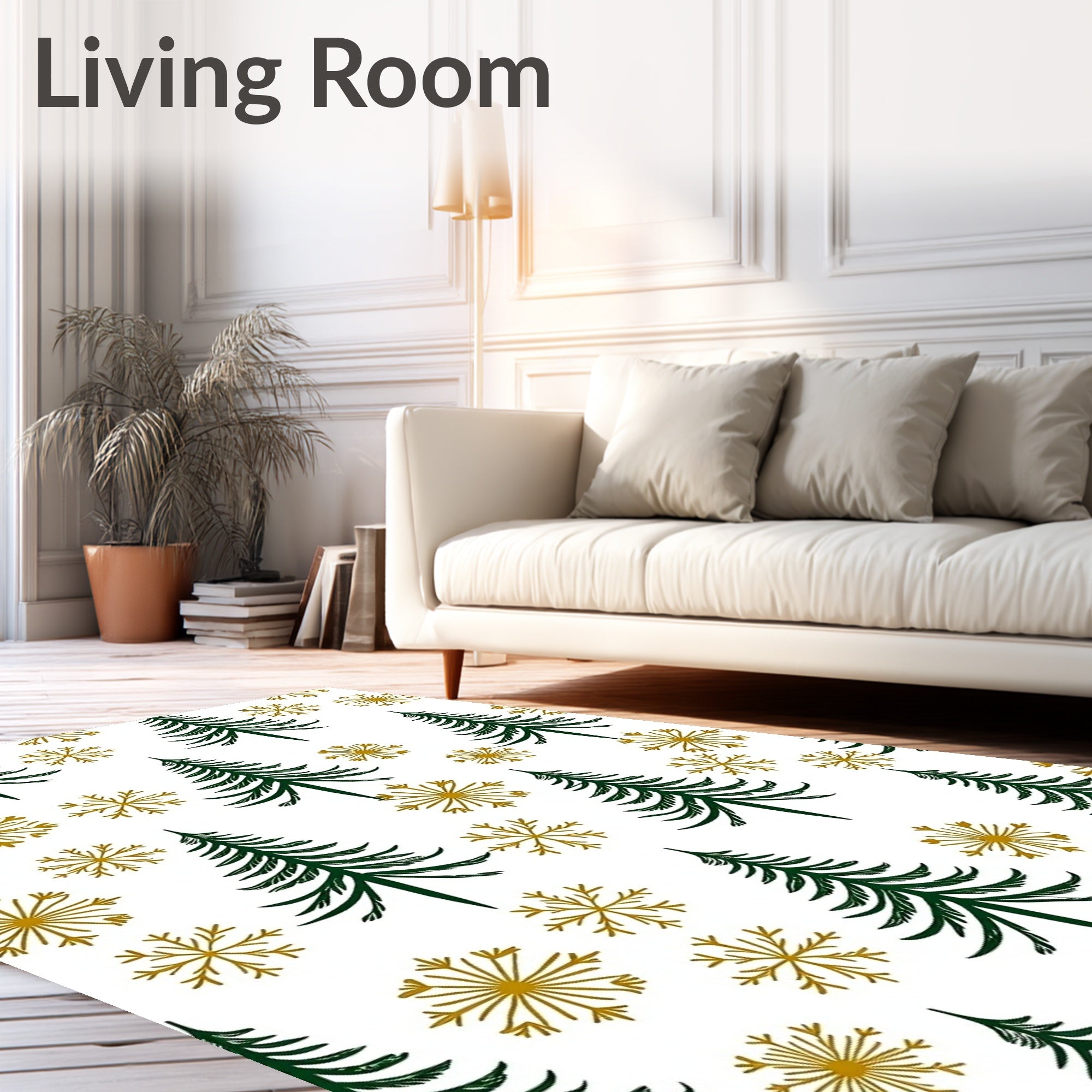 Green Pine Tree Gold Snowflake Motif Rug