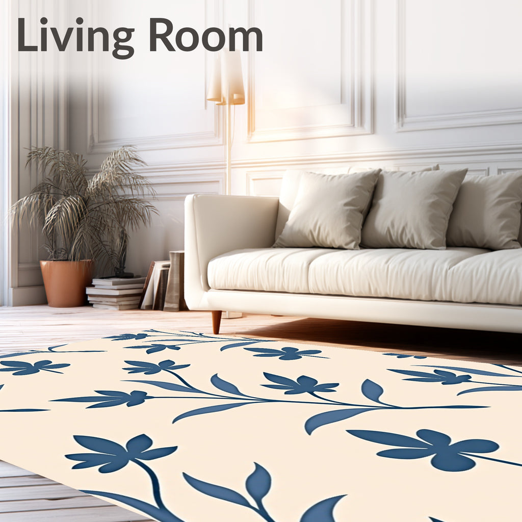 Classic Blue Botanical Branch Pattern Rug