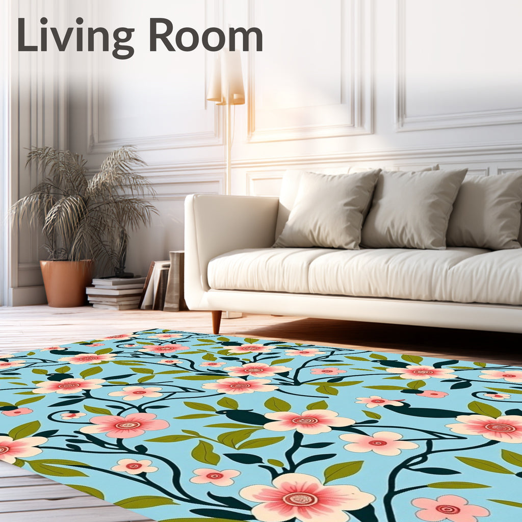 Floral Birds With Pink Blossoms Pattern Rug