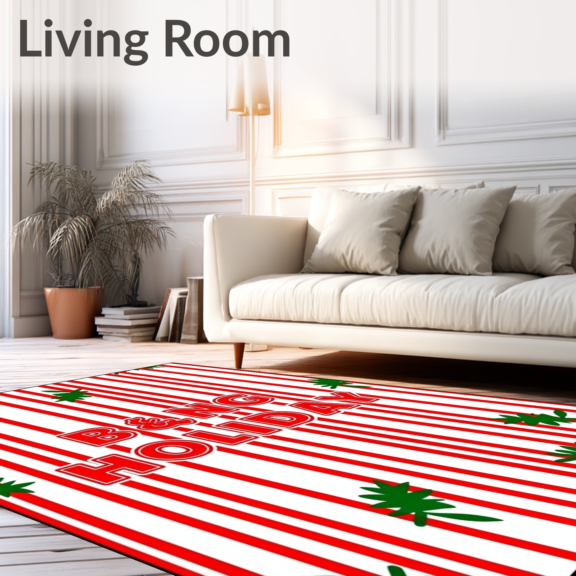 Red White Striped Evergreen Branches Rug