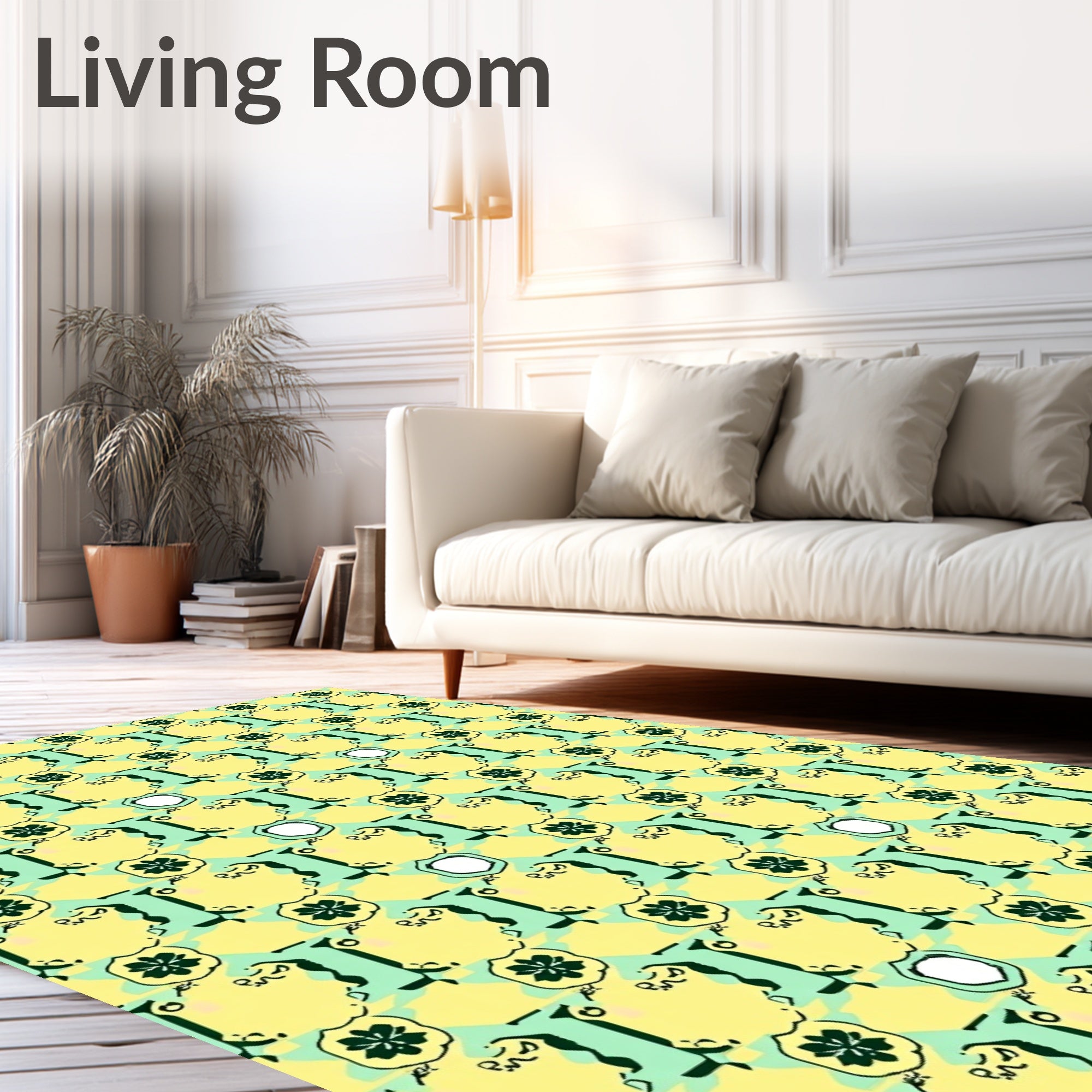 Quirky Floral Emblem Teal and Yellow Pattern Rug