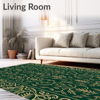 Rich Green Gold Floral Vine Pattern Rug