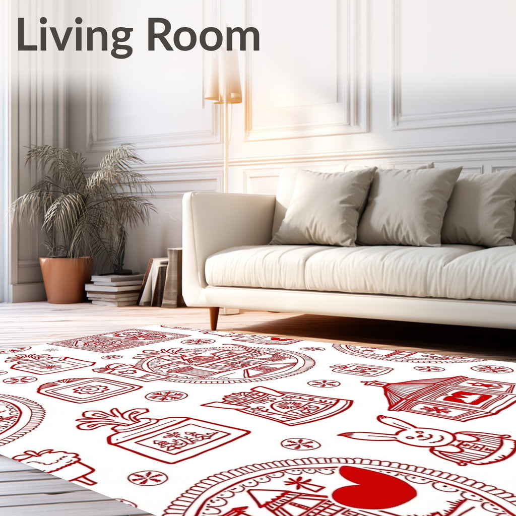 Red Whimsical Village Houses Snowflakes Rug